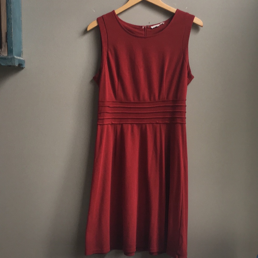 Red, sleeveless, empire waist dress